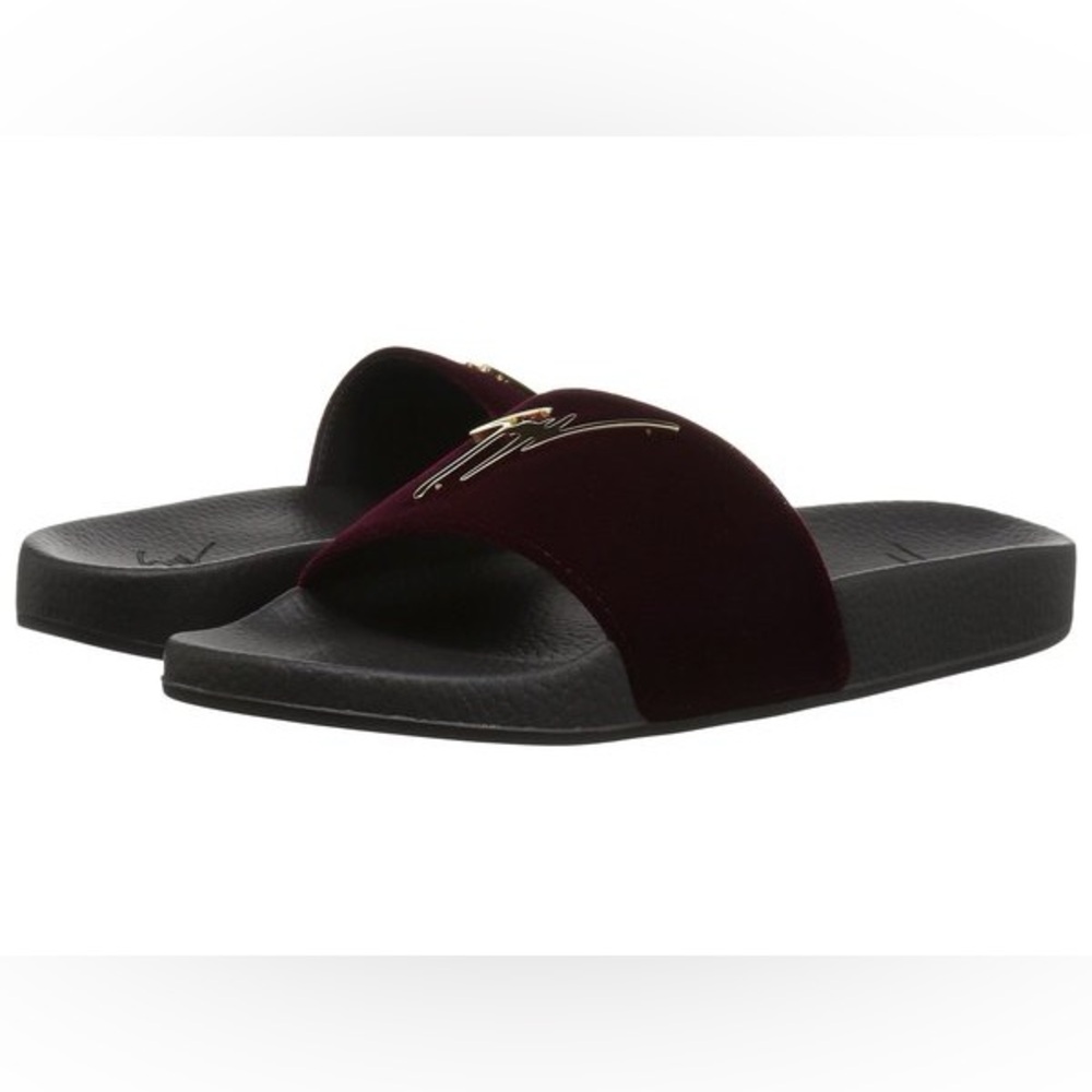Giuseppe Zanotti Black & Burgundy Velvet Slide Sandals with Gold Logo